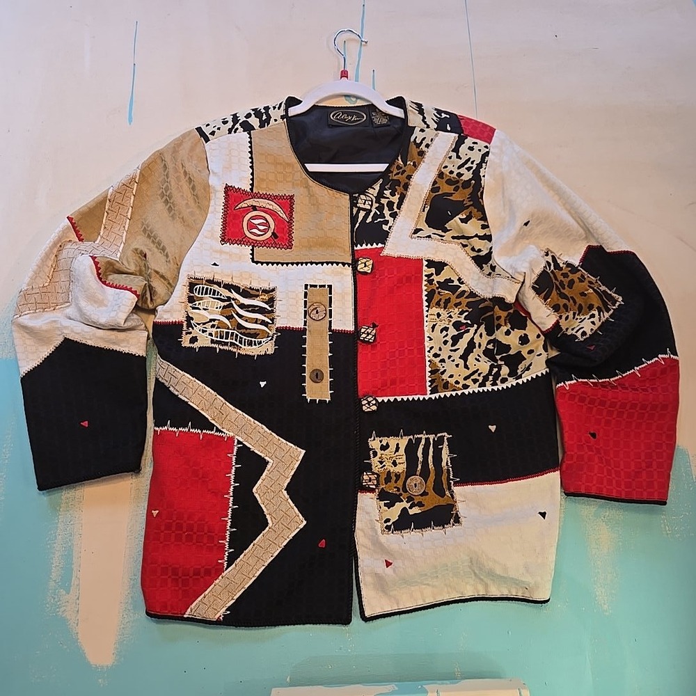 Alex Kim L Patchwork Abstract Jacket Button Up Blk Red Cotton Quilted India Boho